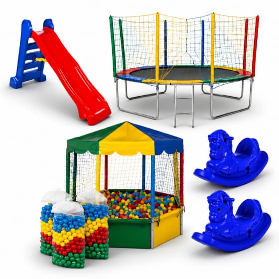 Kit Cama Elástica Nacional 3,05m Piscina De Bolinhas Oitavada 2,00m 1500 Bolinhas Escorregador Grande 2 Gangorra