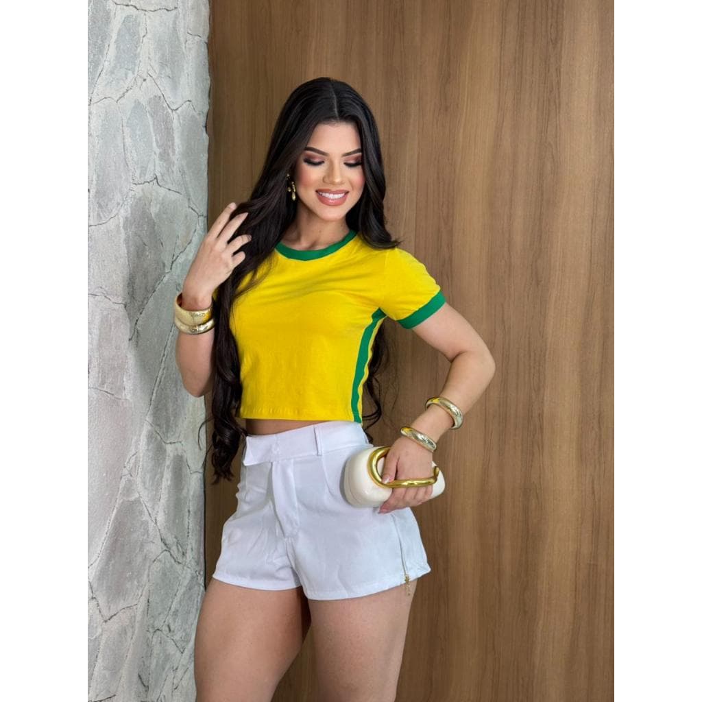 Cropped Feminino Verde e Amarelo Estilo Brasil Copa Moda Feminina Blogueira