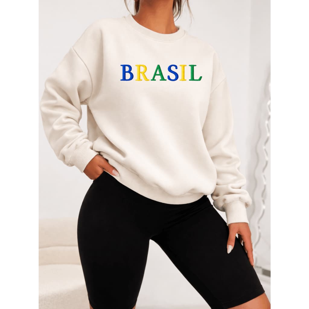 Moletom Careca Feminino Estampado Blusa De Frio Brasil Gola Canelada Inverno Brasa Brasuca Copa Seleção Algodão