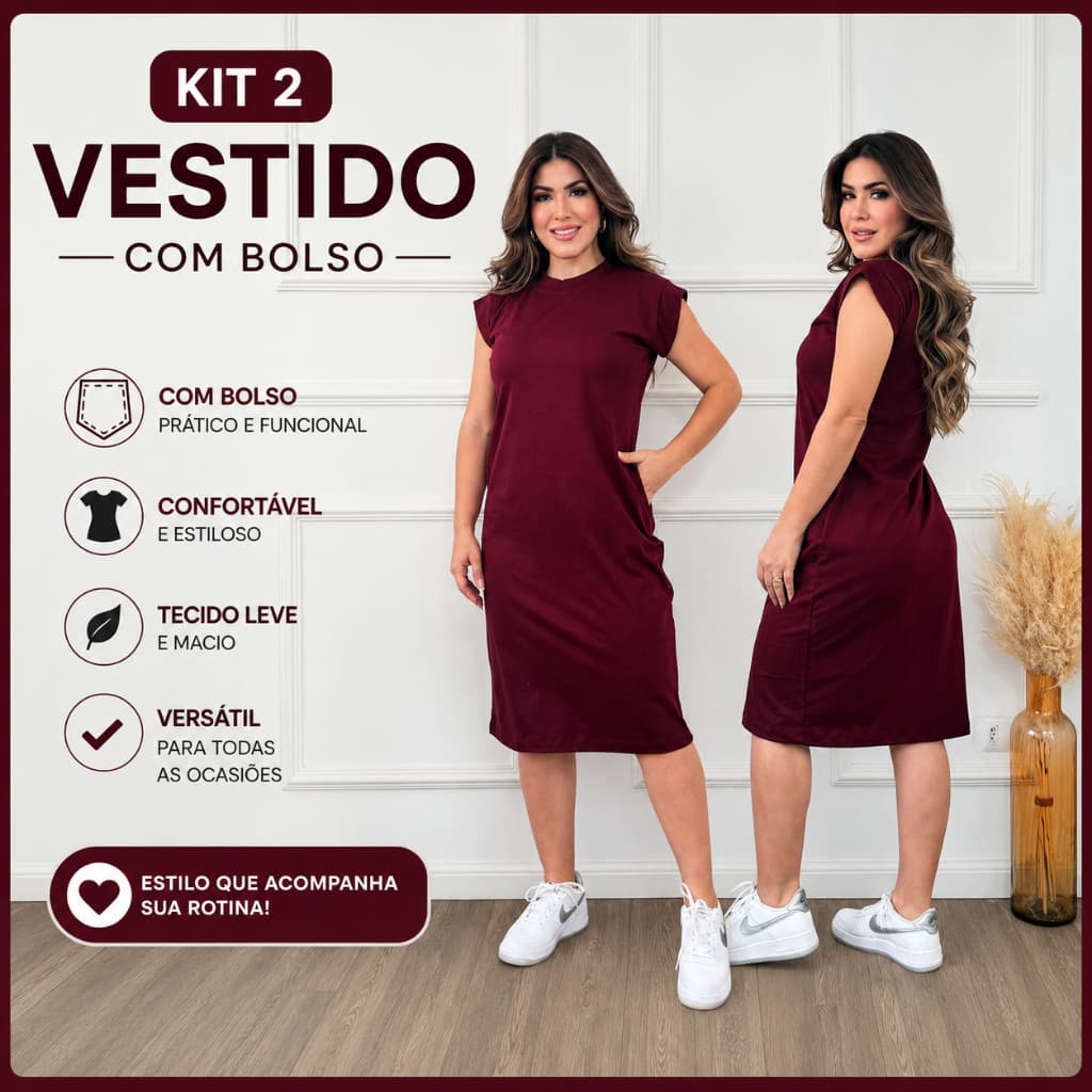 Kit 2 ou 1 Vestido Feminino 100% Básico Algodão Curta Confortável Estilo Casual Dia a Dia Com Bolso