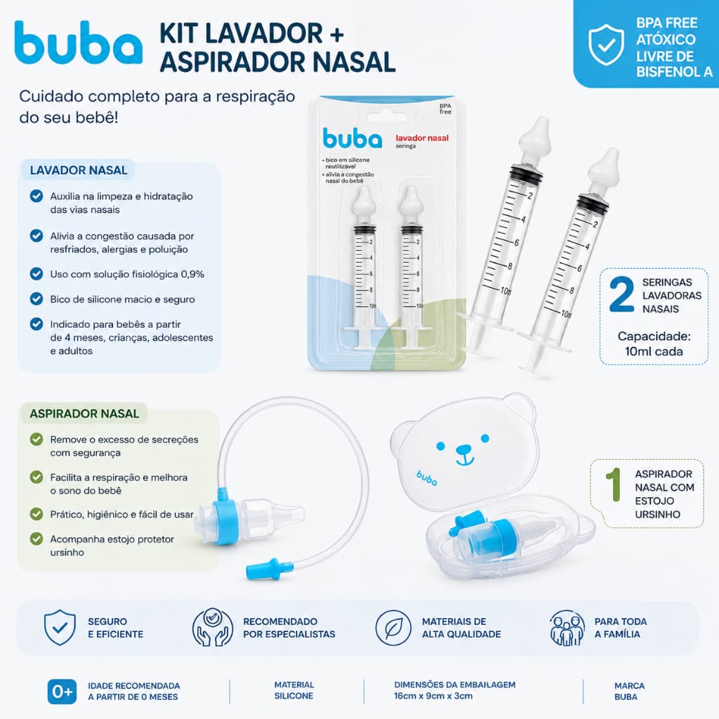 Kit Higiene Nasal Bebê Buba | Aspirador com Estojo + 2 Seringas Lavadoras Nasais