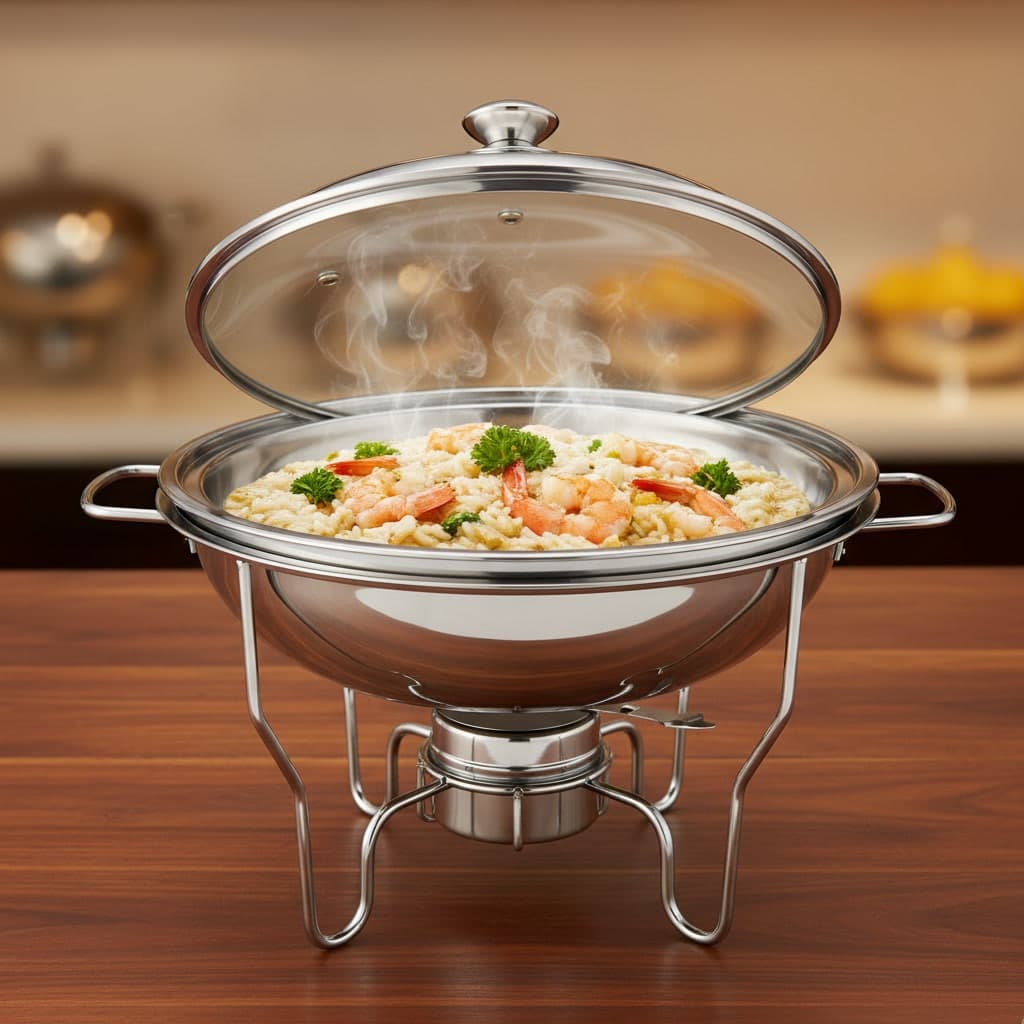 Rechaud Redondo Buffet Aço Inox Fogareiro Banho Maria Tampa Vidro Suporte 4,5 Litros
