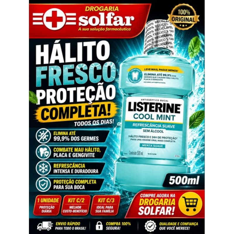 Listerine Cool Mint 500ml Antisséptico Bucal Original | Hálito Fresco e Proteção Completa | Drogaria Solfar