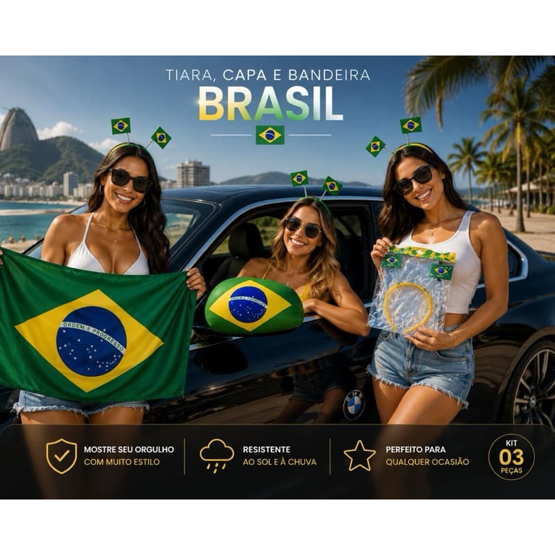Trio de Produtos para Copa - Tiara, Capa de Retrovisor e Bandeira de Capo de Carro do Brasil