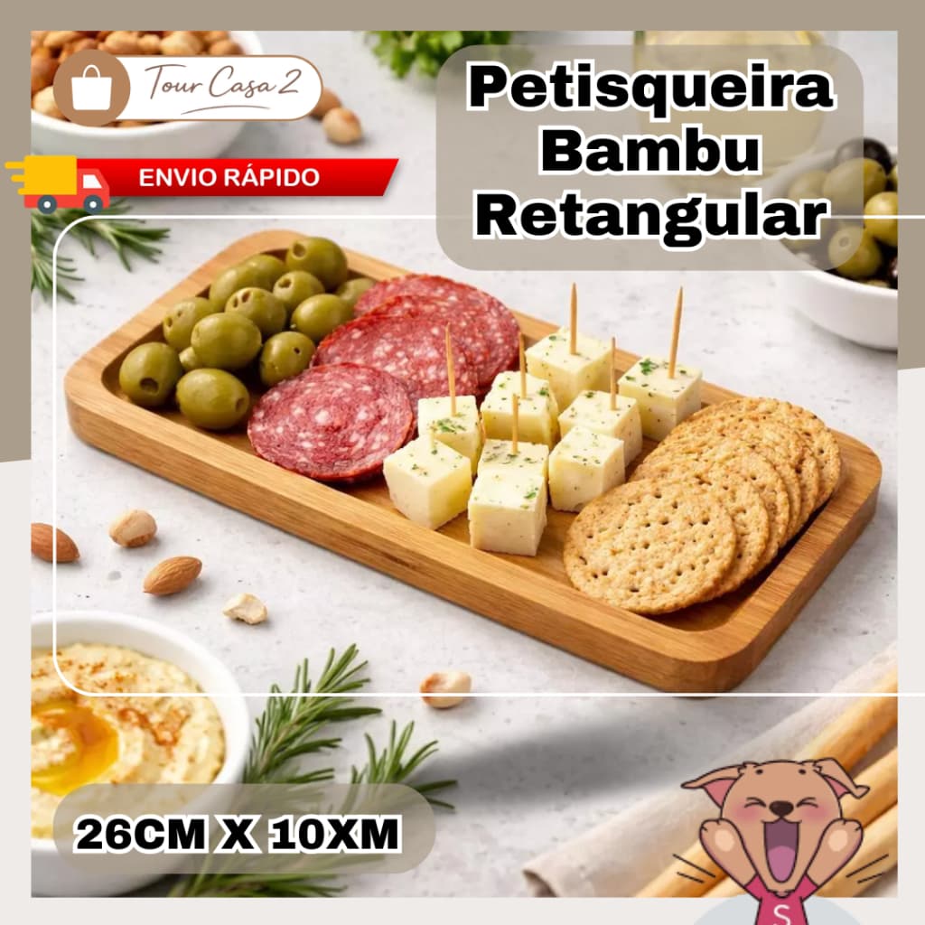 Petisqueira de Bambu Retangular 26cm Bandeja Petiscos Queijos Aperitivos Copa Brasil Churrasco Festa