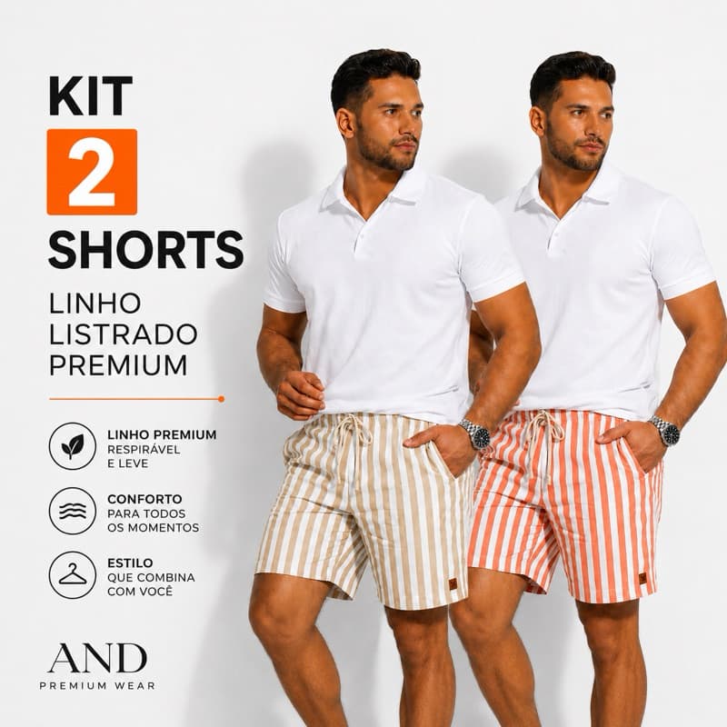 Kit 2 Short Linho Listrado Masculino Mauricinho Bermuda Listrada - Moda Verão