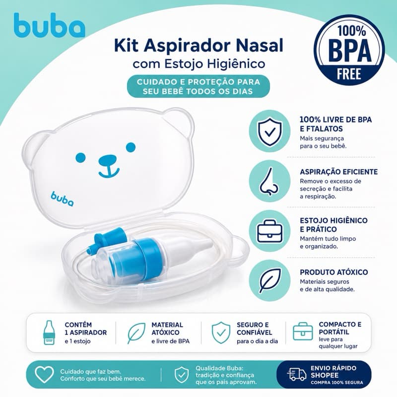 Aspirador Nasal Bebê Buba Silicone BPA Free Com Estojo