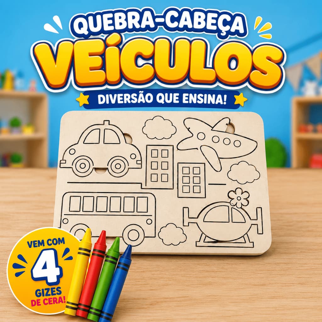 Quebra-Cabeça educativo Veiculos colorir, brinquedo, festa e aniversario kit 10
