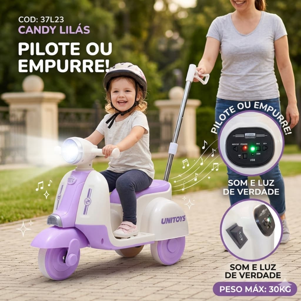 Moto Elétrica Infantil Lilás Com Empurrador Segurança Diversão Crianças
