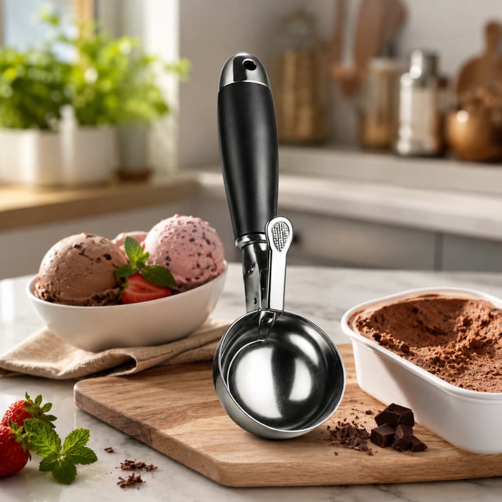 Colher Pegador Para Sorvete Sobremesa Com Extrator Inox Concha Preta