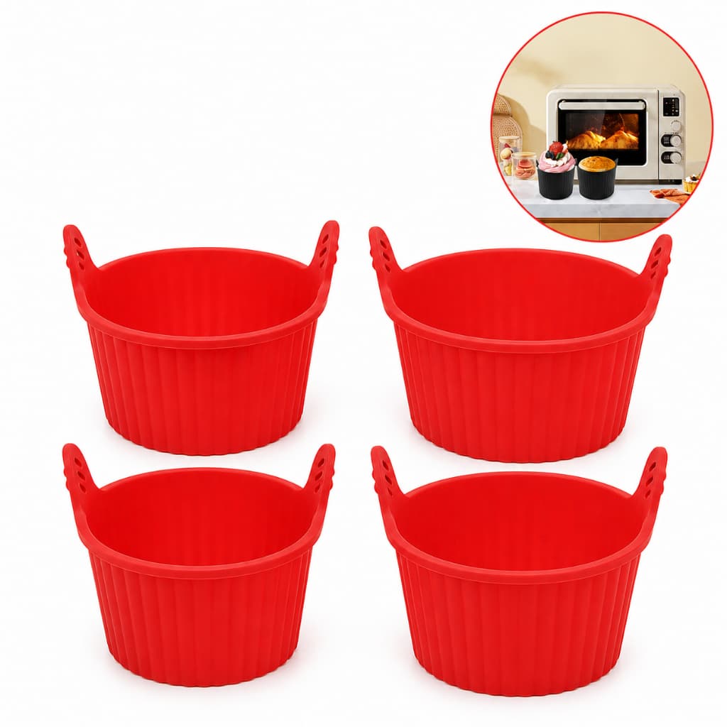 Forma de Silicone Redonda com Alça 4 Peças Vermelha e Preta para Bolo Cupcake Forno Air Fryer 7x9x8cm