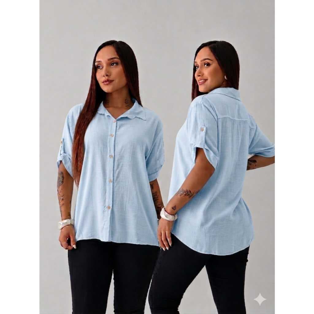 Camisa Feminina Lisa Manga Curta Viscolinho Com Botões Frontais Elegante Verão Leve e Fresca M G GG