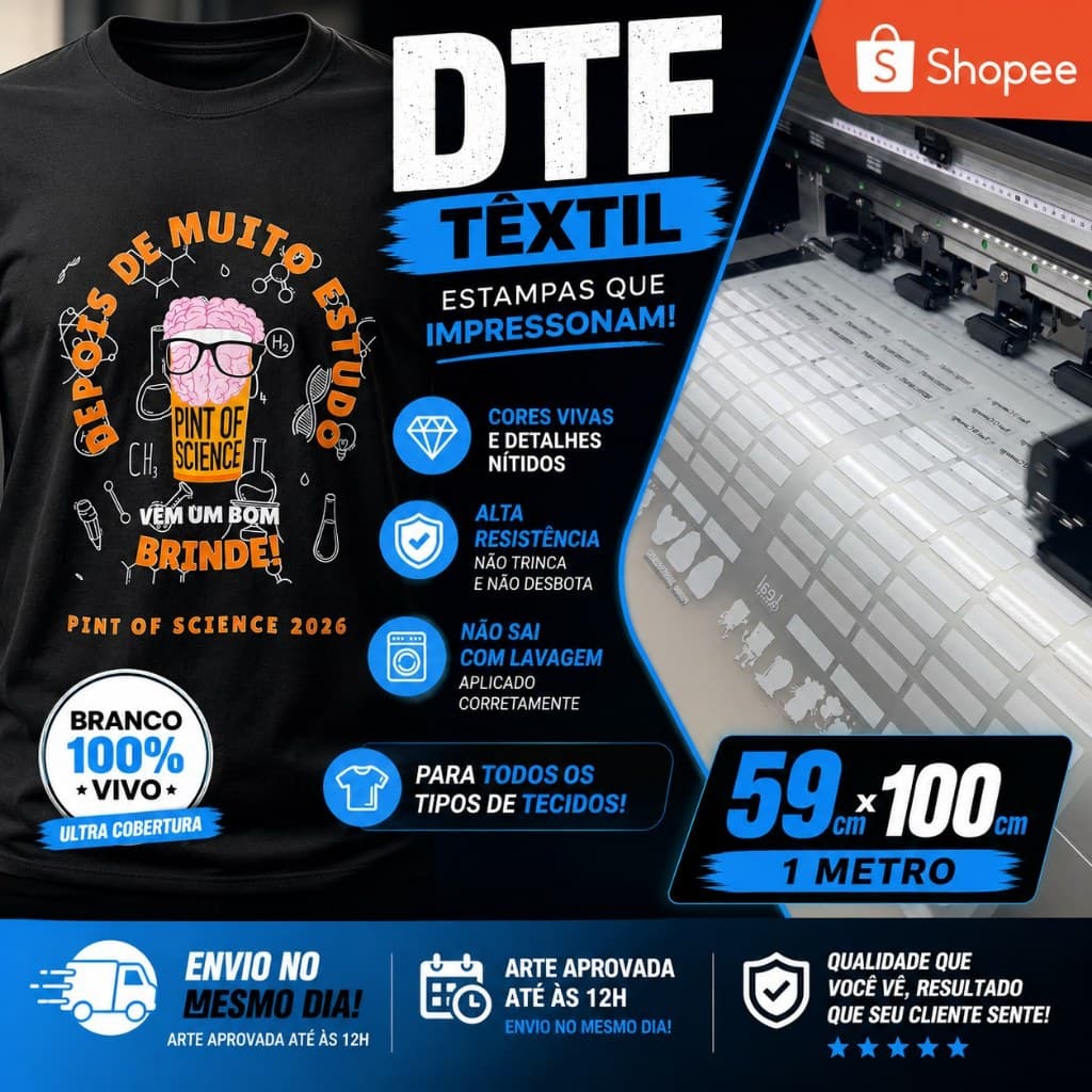 DTF AO METRO 59x100cm | DTF Têxtil Premium | Não Trinca | Cola TPU | Branco Vivo | Envio no Mesmo Dia