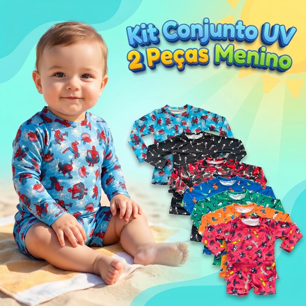 Kit Conjunto UV Menino Infantil 2 Peças Blusa Sunga Proteção Solar Verão Praia Piscina Natação