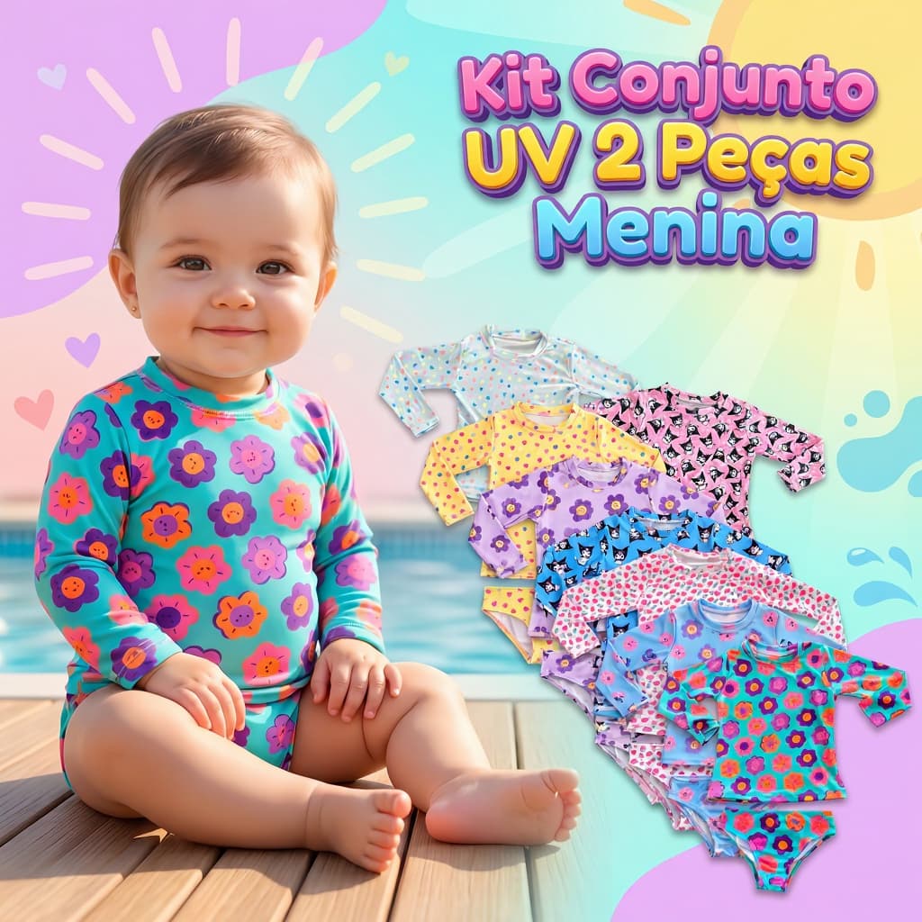 Kit Conjunto UV Menina Infantil 2 Peças Blusa Calcinha Proteção Solar Verão Praia Piscina Natação