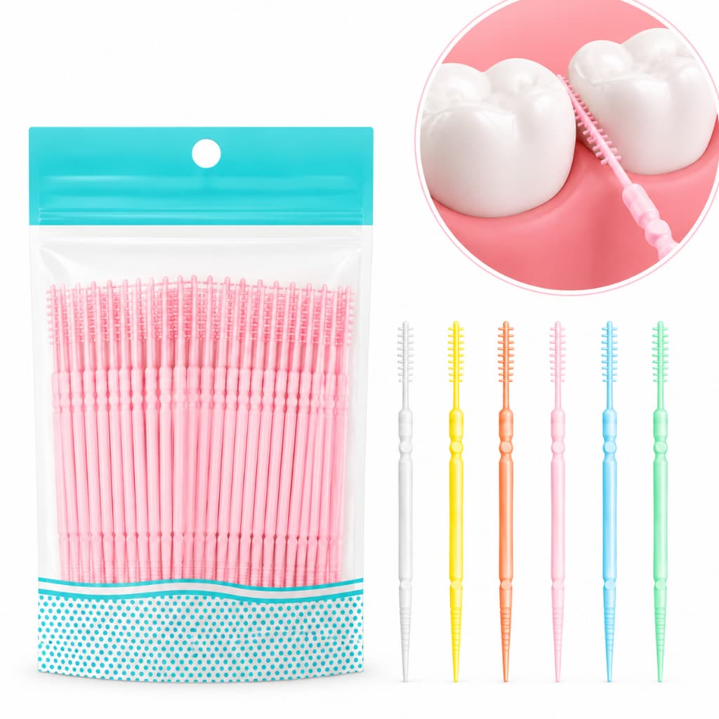 100/200/300 Escova Interdental Descartável com Cabeça Dupla para Higiene Oral e Limpeza Dentária