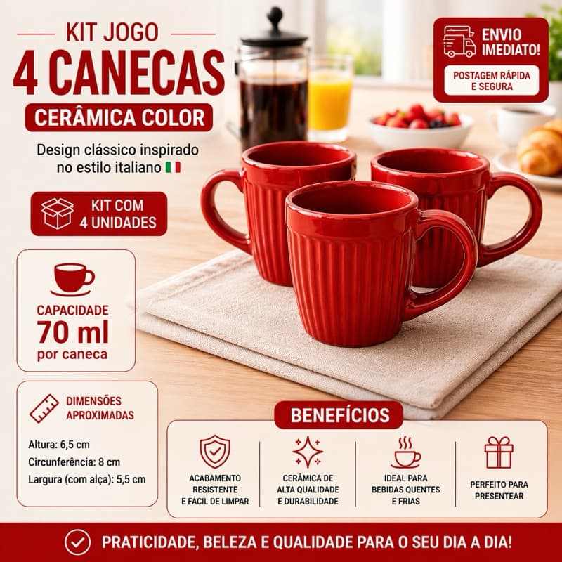 Kit 4 Canecas Café Xícara Gole Itália Cerâmica 70ml Resistente Luxo Mesa Posta Elegância no Servir