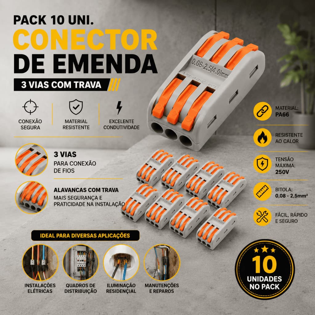 Kit 10 Conectores Elétricos 3 Vias Click Rápido Alavanca Laranja Profissional 32A 4mm