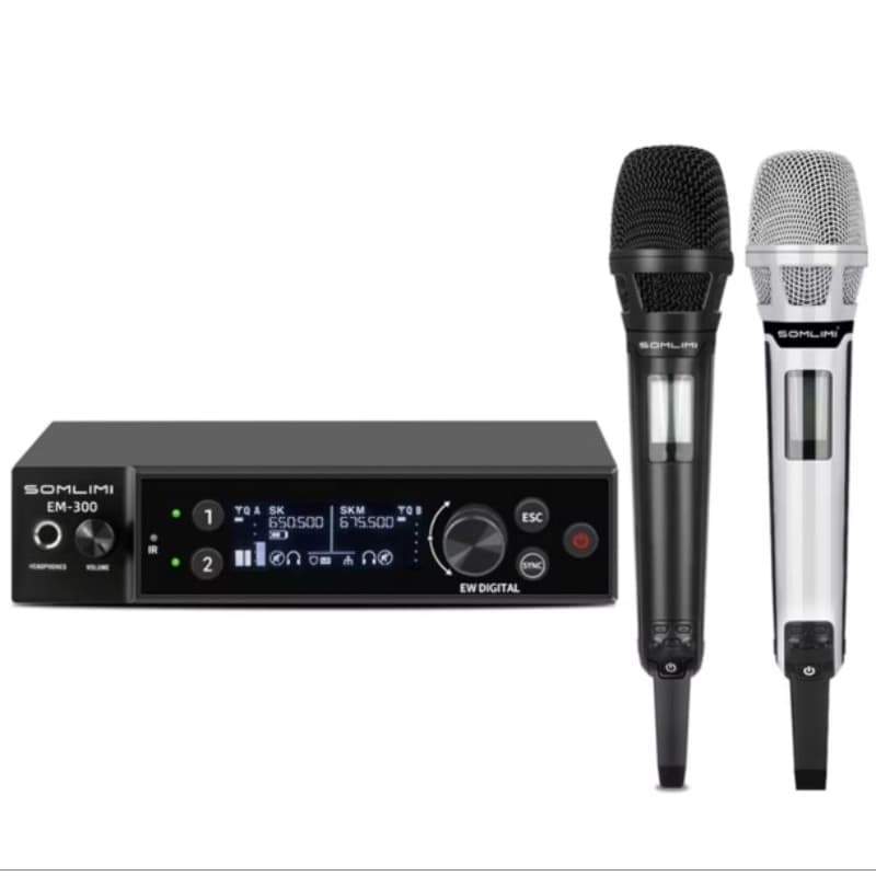 SOMLIMI EM300 Sistema de microfones sem fio profissionais duplos UHF Microfone de metal para karaokê, igreja performance