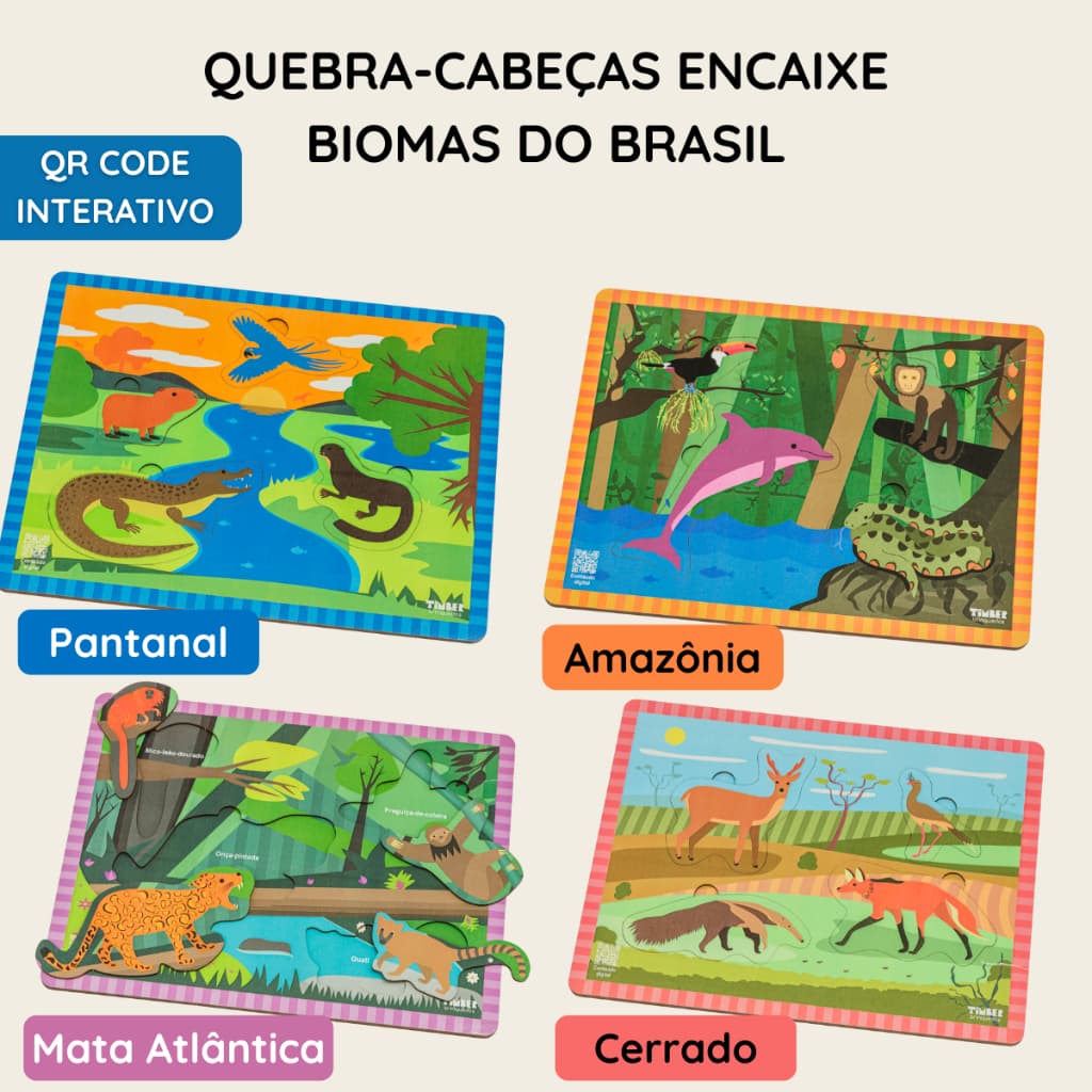 Quebra-Cabeças Encaixe Biomas do Brasil + QR Code Educativo | Cerrado, Pantanal, Amazônia, Atlântico