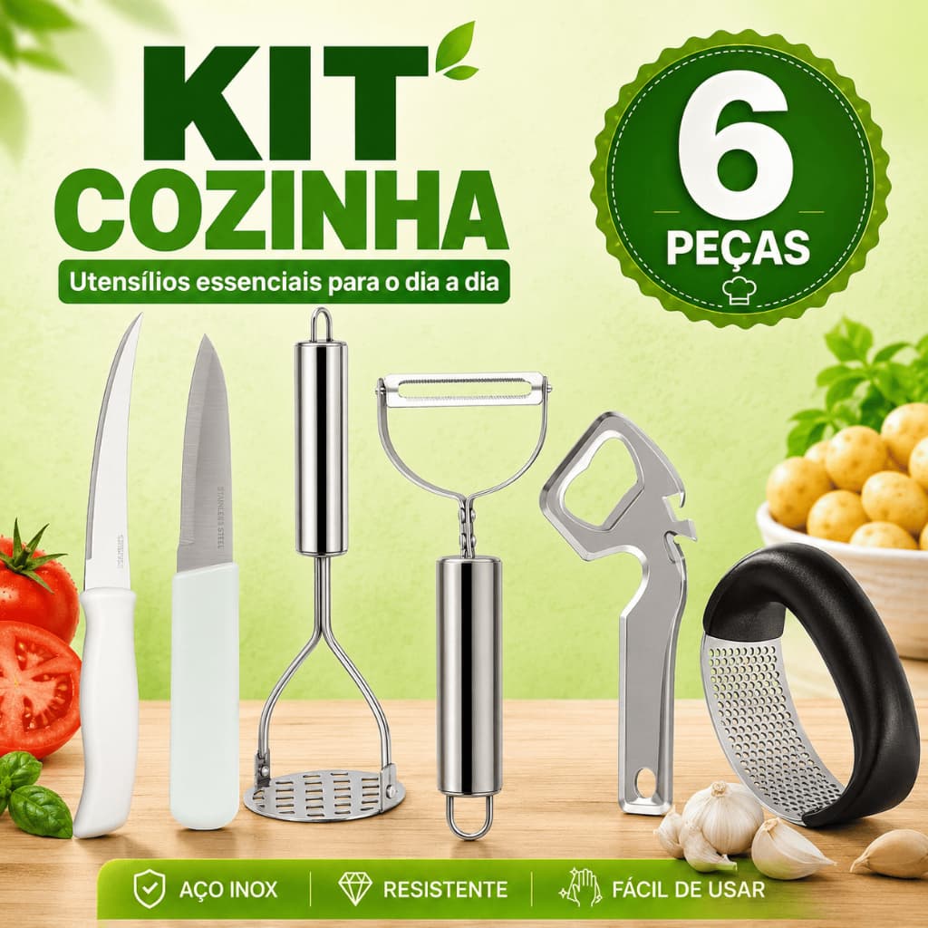 Kit Cozinha 6 Peças Facas Filetar Legumes Abridor Latas Descascador