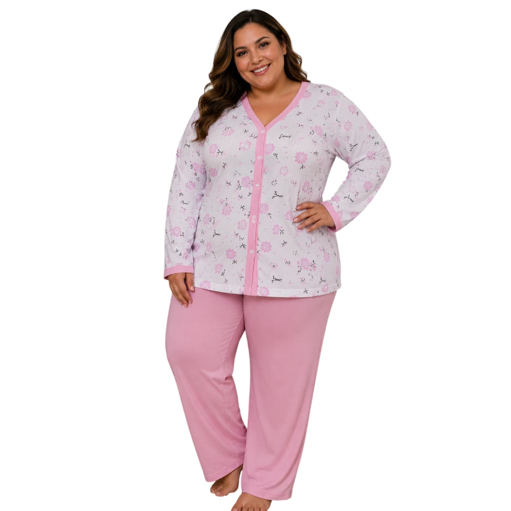 Pijama Plus Size Longo Inverno Manga Calça Cumprida Botão Gola V Quentinho Macio Dormir