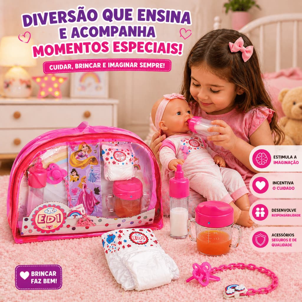 Maleta Menina infantil Bolsa Rosa Boneca Reborn Pequena Fralda Mamadeira Chupeta Prendedor Brinquedo