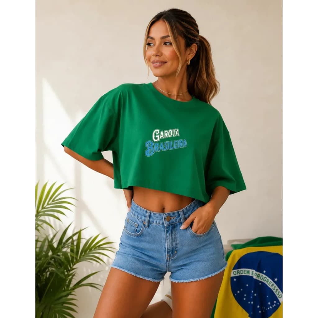 Cropped Brasil Oversized Soltinho Copa Mundo Brasilcore 100% Algodão Camiseta Estampada T-shirt