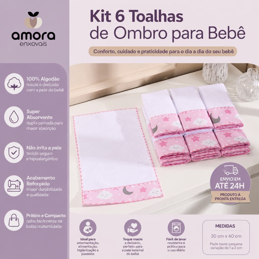 Kit 6 Toalha de Ombro Bebê 100% Algodão Pano de Boca Babador Infantil Dupla Camada Estampado.