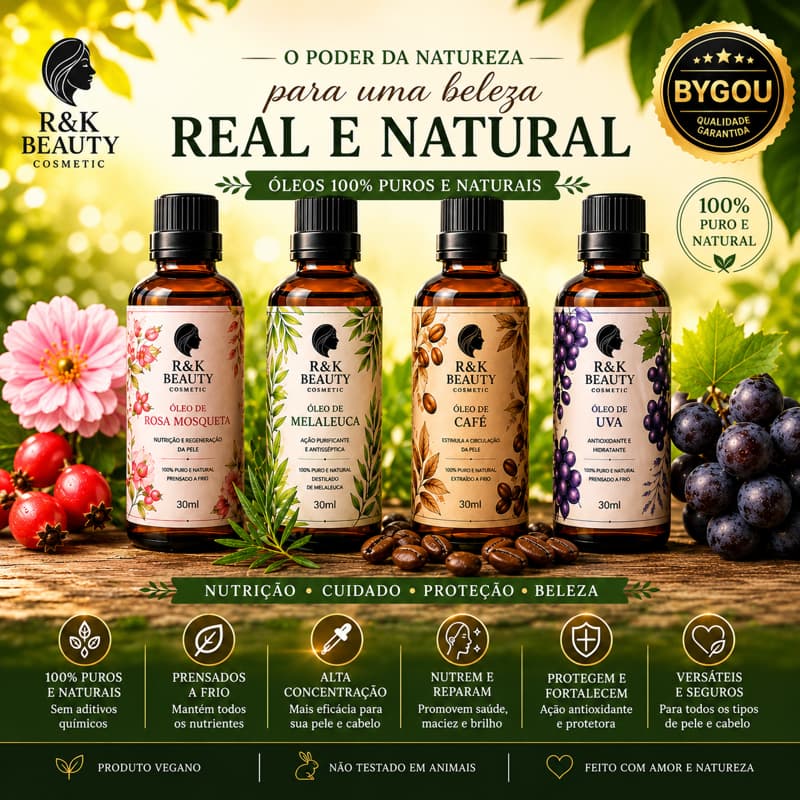 Combo Óleos Naturais Para Pele e Cabelo – Rosa Mosqueta, Café, Uva e Melaleuca 30ml
