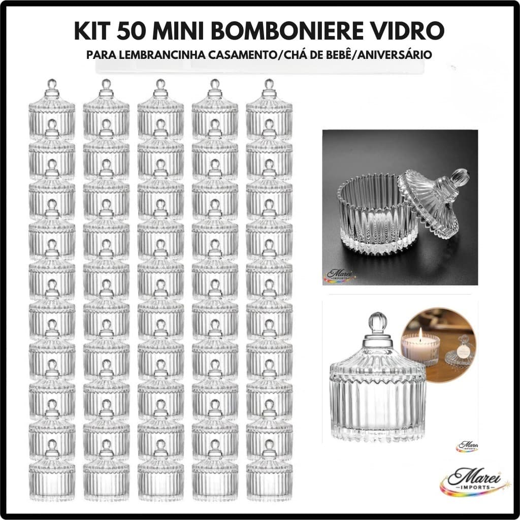 Kit 50 Mini Bomboniere Potiche Vidro Lembrancinha com Tampa 9cm Casamento Batizado Festa Chá de Bebê