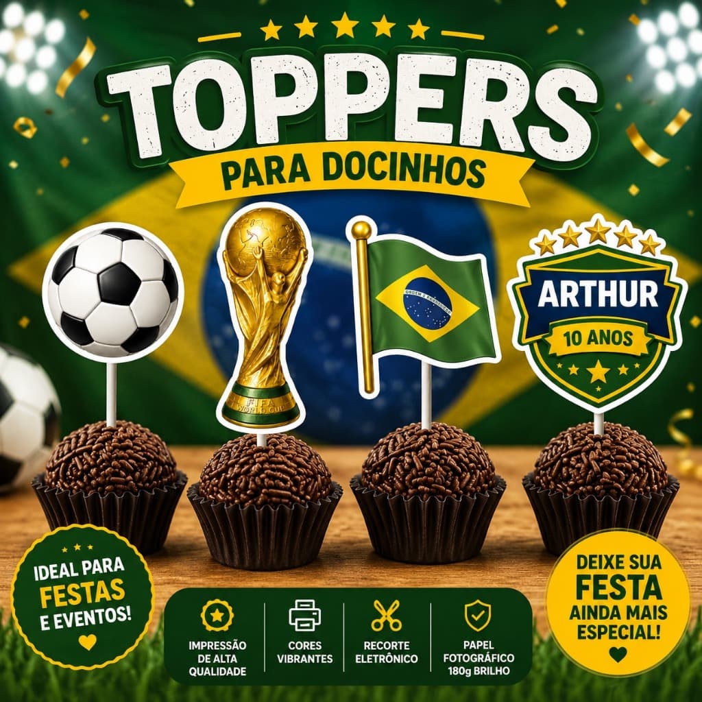 50 Topper para Docinho Futebol Copa do Mundo Brasil Personalizado