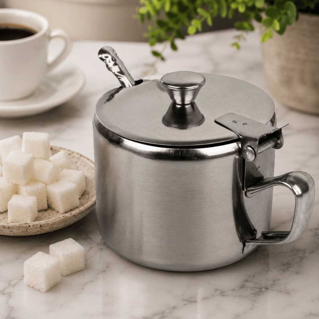 Porta Açúcar Açucareiro Inox RedondoTampa Colher Recipiente Mesa Posta Cozinha Resistente Luxo