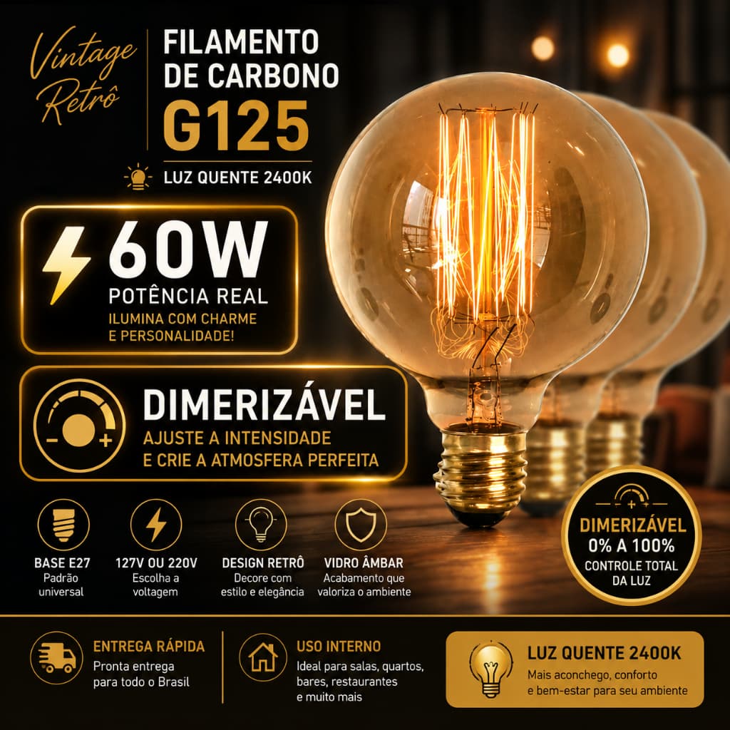 Kit 3 Lâmpadas Filamento De Carbono 60w Globo G125 Âmbar 2400K Retrô Decoração Luz Quente