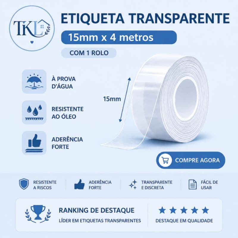 Etiqueta Transparente Contínua 15mm x 4m – Para Mini Impressoras Térmicas papel adesivo