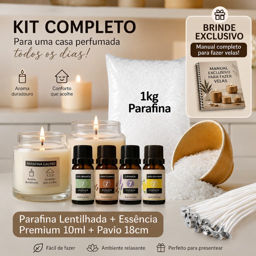Kit Parafina Lentilhada 1KG + Pavio 18cm + Essência PREMIUM 10ml para Velas Perfumadas e Decorativas