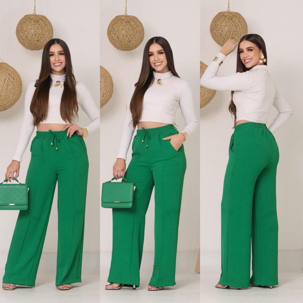 Calça Feminina Pantalona Wide Leg Tecido Duna E forro Interno, Cintura Alta - Com Bolso Funcionias