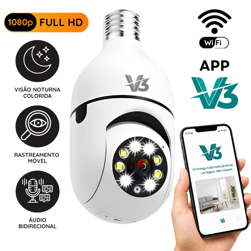 Câmera Segurança Wi-fi 1080P 2MP 350º Com Microfone Visão Noturna Bivolt