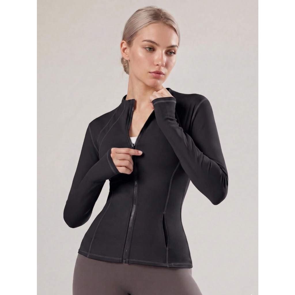 Jaqueta Top Ativewear para Exercícios de Manga Longa Feminina com Bolsos e Orifícios para o Polegar