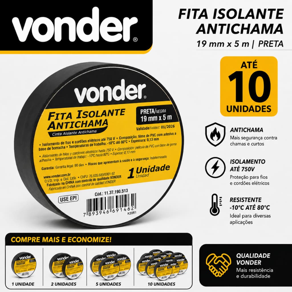 Fita Isolante 19,0 mm x 5 m Preta - Vonder