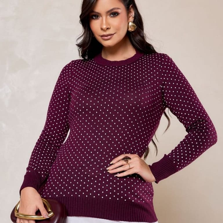Blusa De Frio Feminina Tricot Poá Manga Longa Blusa Feminina Estilosa Roupa Inverno Elegante