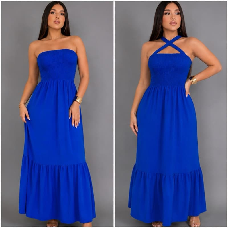Vestido Femenino  Gola Transpassada Longo  No Tecido —Duna Premium LASTEX