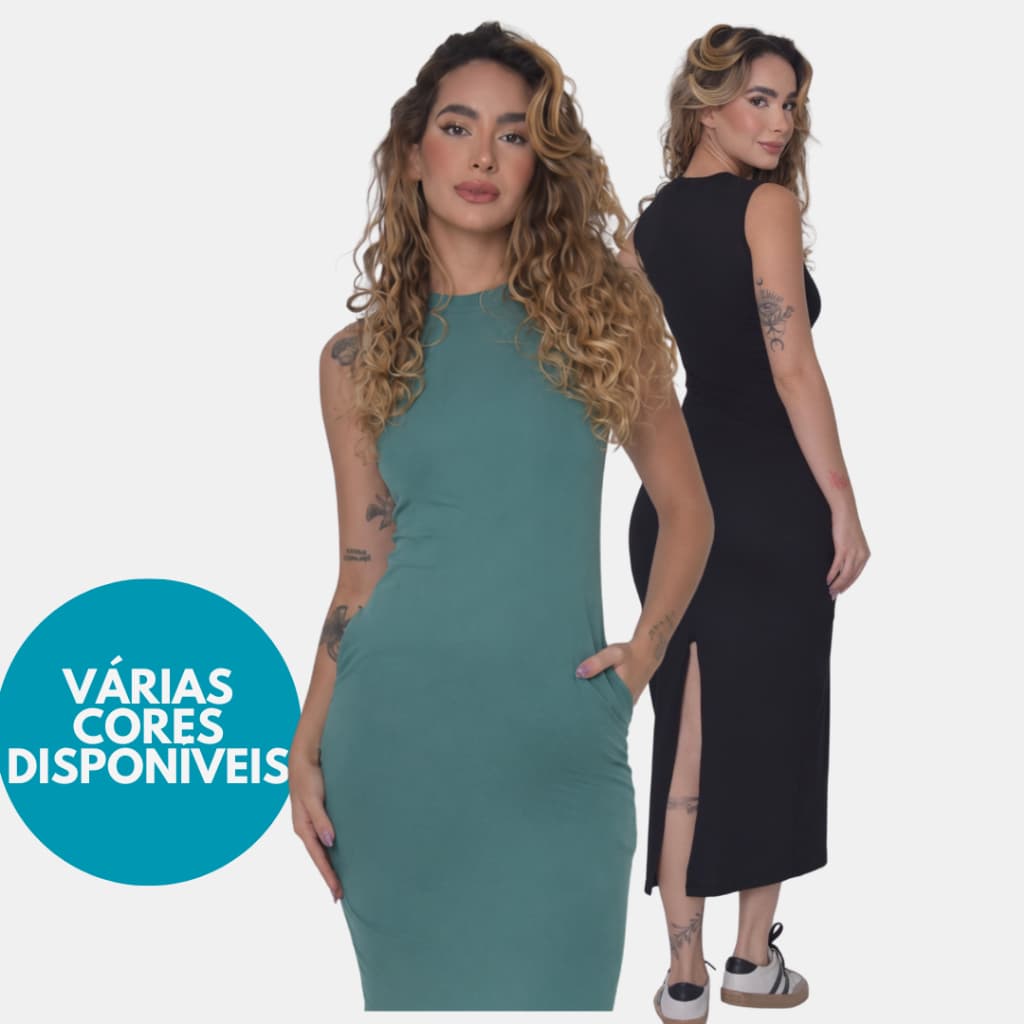 KIT 2 Vestido Feminino Longo Cavado Soltinho em Algodão Moda Blogueira Gola Ribana