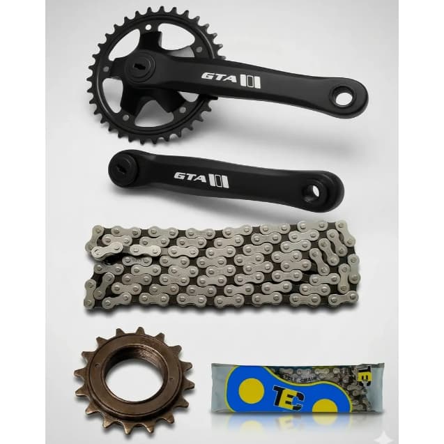 Kit Bike: Pedivela Single 170mm Coroa Única 34d Preto + Catraca Roda Livre 16d Dourada + Corrente Grossa Tec 114 Elos