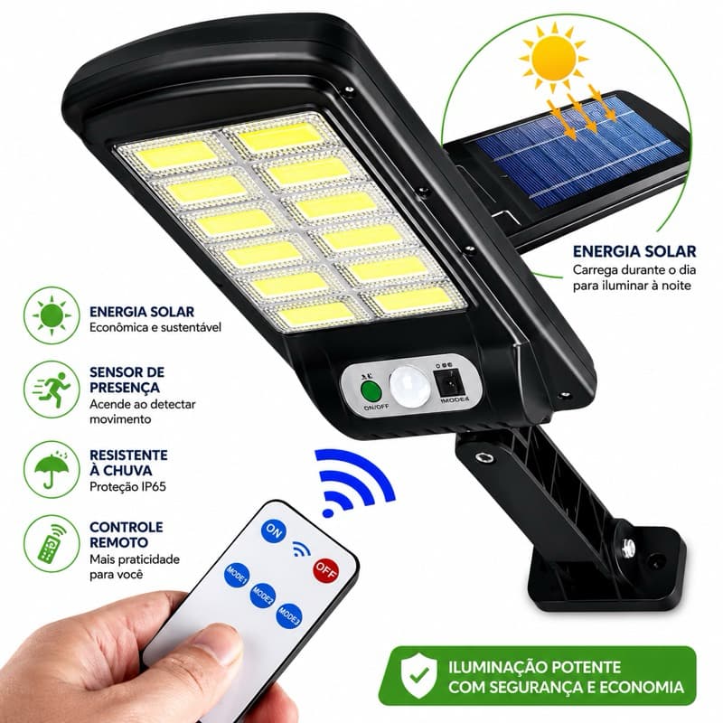 Luminária Solar LED 600W Sem Fio Com Painel Solar e Sensor De Movimento À Prova D’água IP66