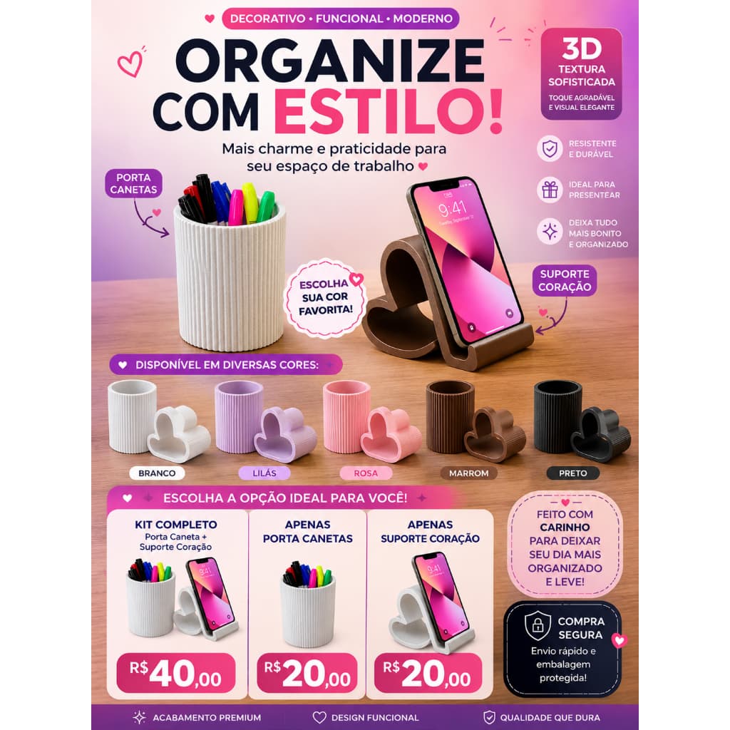 Suporte Celular Coração Organizador de Mesa Home Office Decorativo Moderno
