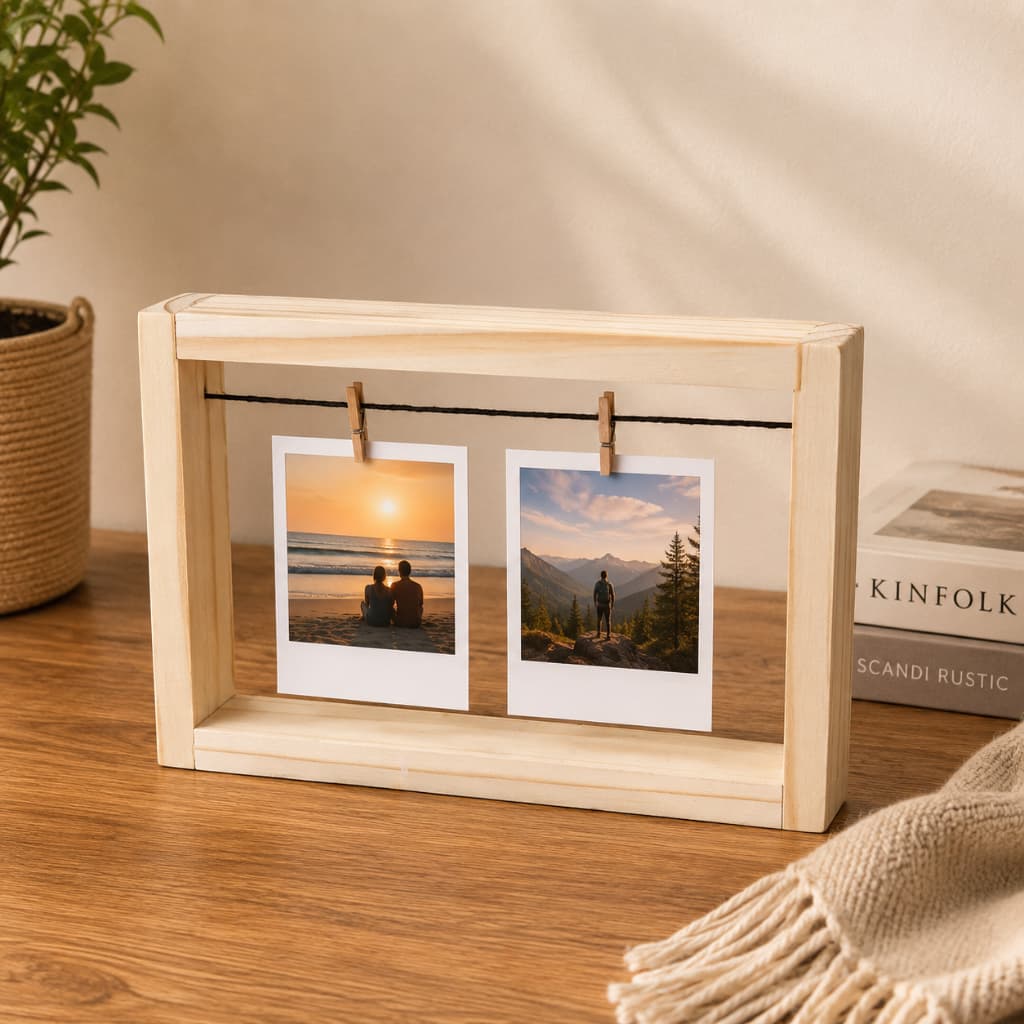 Porta Retrato Varal Pinus com Mini Prendedores para Fotos Polaroid Decorativo