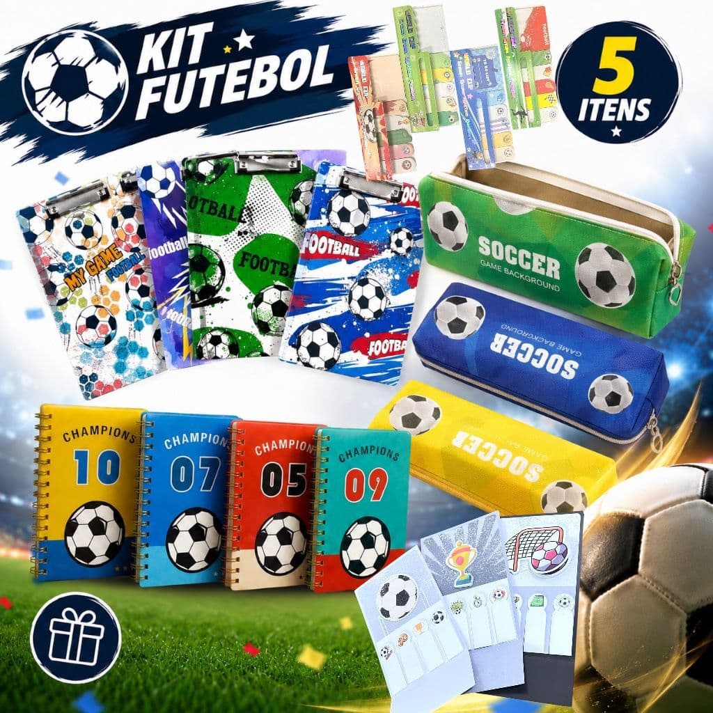 Kit Papelaria Futebol com Caderno Estojo Post-it e Clipboard Sortidos