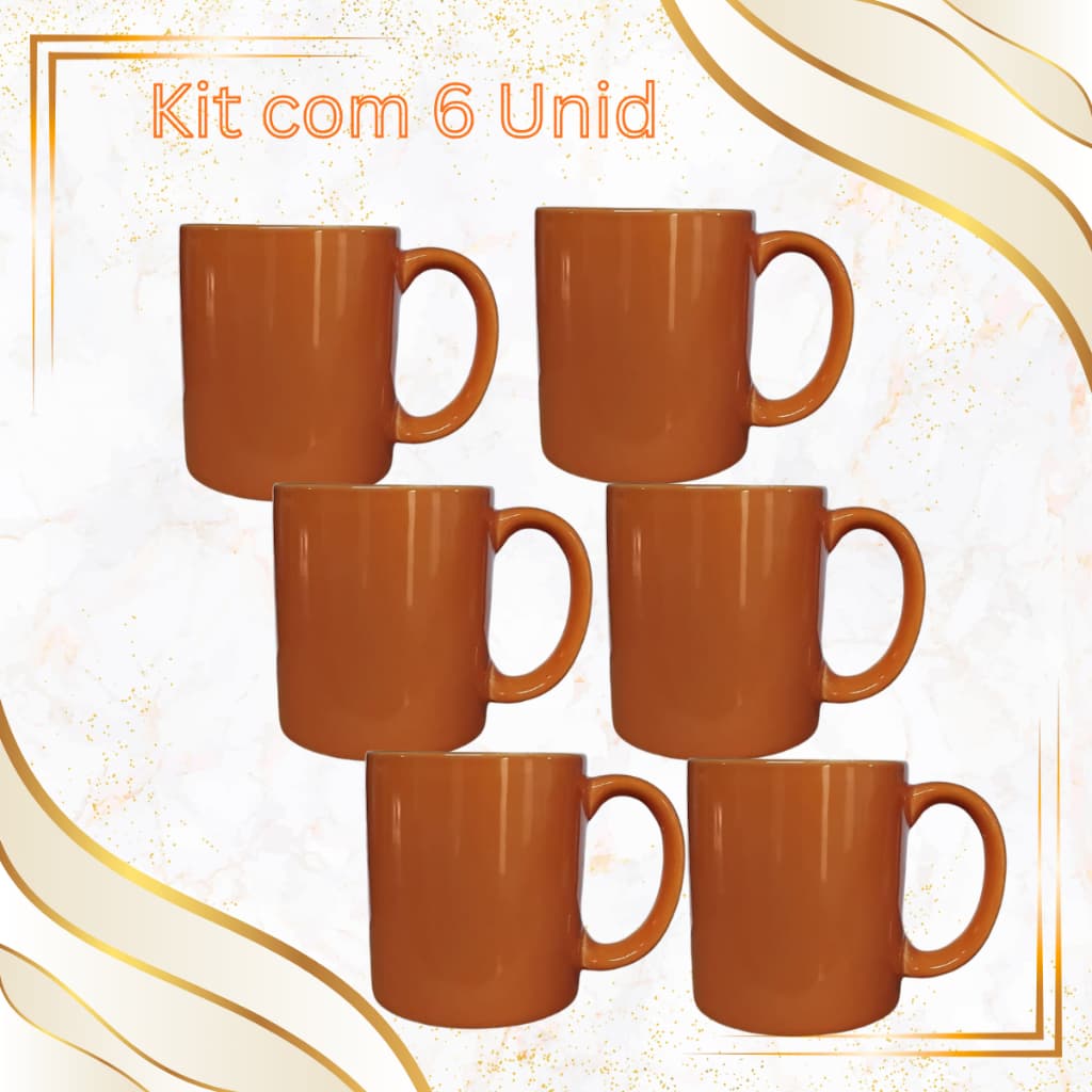 Kit 6 canecas de Cerâmica de 310ml nas cores Laranja, Amarelo, Azul e Rosa.