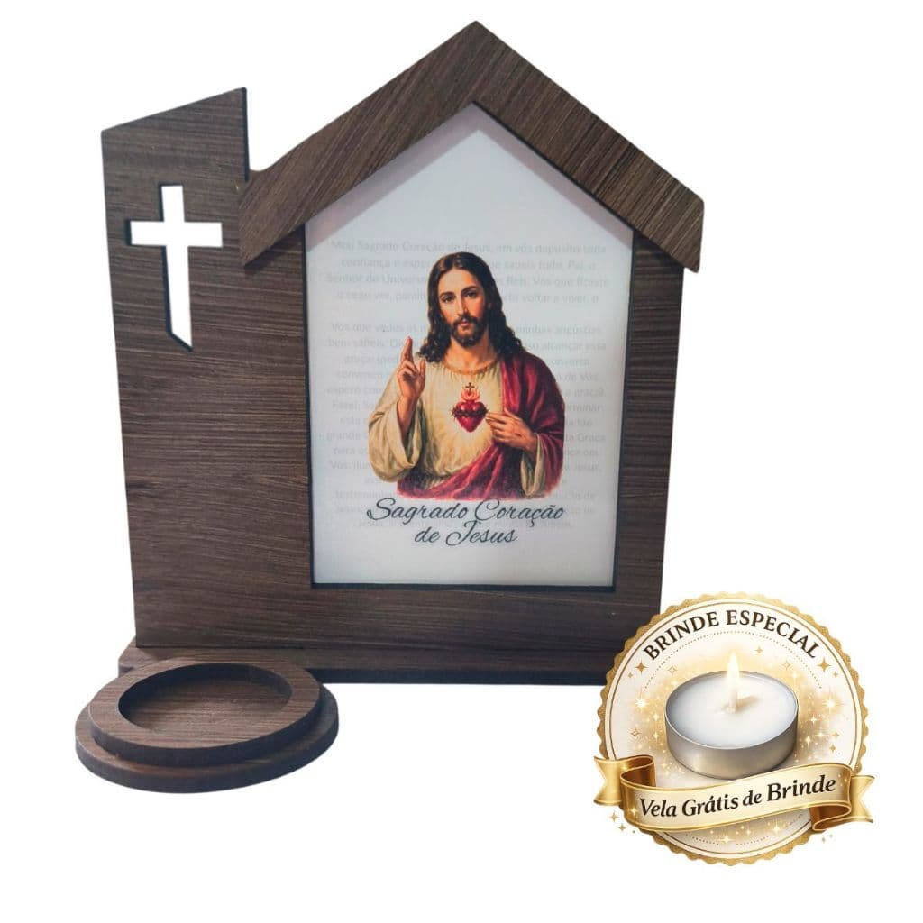 Suporte Porta Vela Oratório Bancada Católico Sagrado Coração Jesus Imagem Laminada Decoração